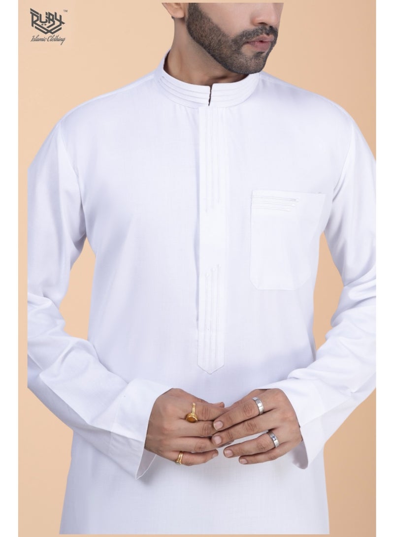 RUBY ISLAMIC CLOTHING Premium White Saudi Thobe with Collar & Elegant Embroidery kandura jubbah - Image 3